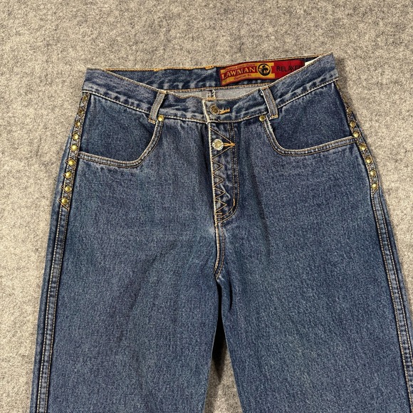 Vintage Lawman Jeans Juniors 7/8 Blue High Rise Relaxed Straight Western Studded - Picture 2 of 10